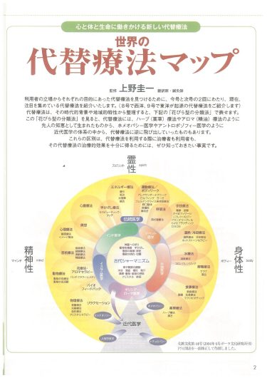 【P.2～】世界の代替療法マップ／『「自然治癒力を高める」新シリーズ「ナチュラル・オルタナティブ」ヘルスブック⑧　ホメオパシー、アントロポゾフィー医学、バッチフラワー、ハーブ療法… 心と体と生命を癒す世界の代替療法 西洋編』